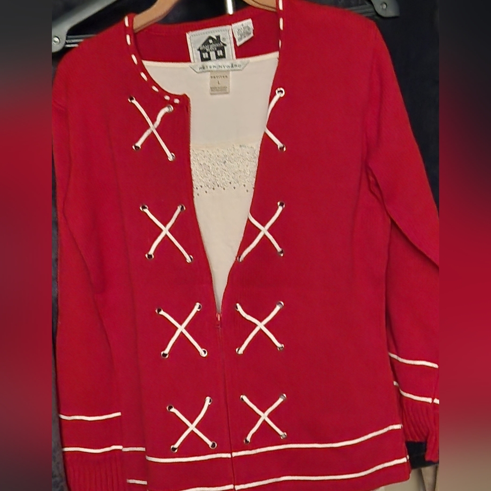 Storybook Knits red and white caridgan